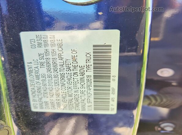 5FPYK3F74PB028518 2023 HONDA RIDGELINE Blue Widok naklejki z numerem VIN