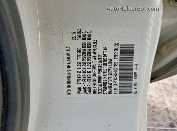 5FPYK3F75HB027492 2017 HONDA RIDGELINE White Vista de la etiqueta del VIN