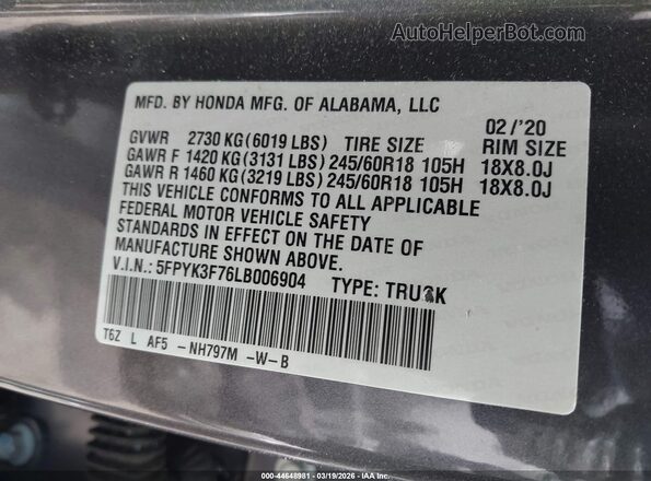 5FPYK3F76LB006904 2020 HONDA RIDGELINE Gray Vista del compartimento del motor