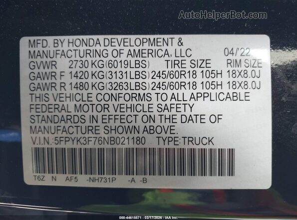 5FPYK3F76NB021180 2022 HONDA RIDGELINE Black ძრავის განყოფილების ხედი