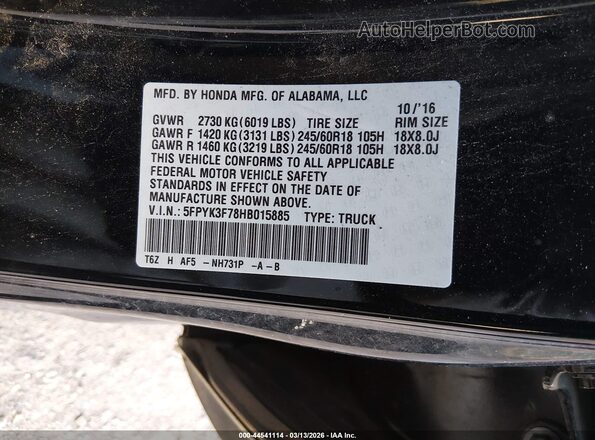5FPYK3F78HB015885 2017 HONDA RIDGELINE Черный Вид подкапотного пространства