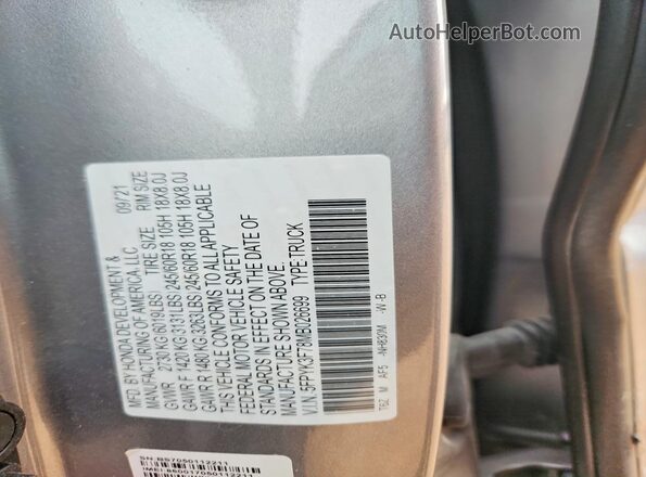 5FPYK3F78MB026699 2021 HONDA RIDGELINE Gray 