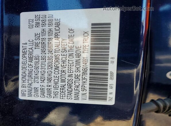 5FPYK3F78NB014991 2022 HONDA RIDGELINE Blue Engine compartment view