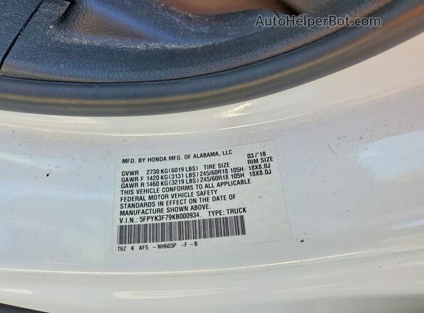 5FPYK3F79KB000934 2019 HONDA RIDGELINE White 