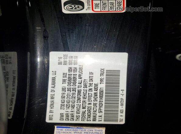 5FPYK3F81HB005871 2017 HONDA RIDGELINE Black Շարժիչի բաժամունքի տեսք
