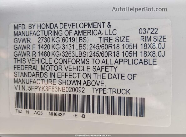 5FPYK3F83NB020092 2022 HONDA RIDGELINE White Շարժիչի բաժամունքի տեսք