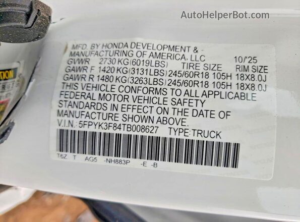 5FPYK3F84TB008627 2026 HONDA RIDGELINE White 