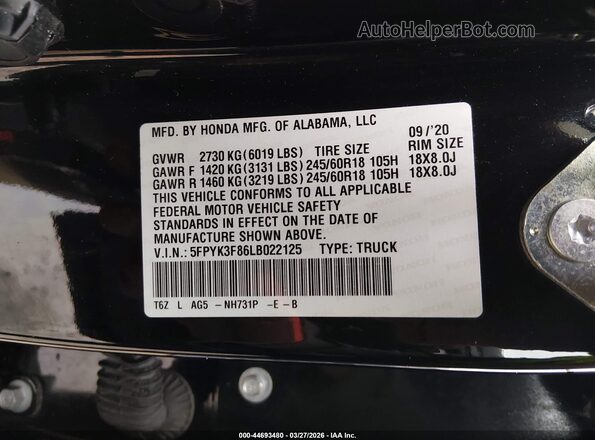 5FPYK3F86LB022125 2020 HONDA RIDGELINE Black ძრავის განყოფილების ხედი