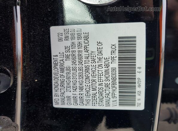 5FPYK3F86NB030390 2022 HONDA RIDGELINE Black Вид наклейки з VIN-кодом