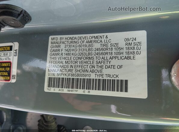 5FPYK3F88SB005910 2025 HONDA RIDGELINE Gray Engine compartment view