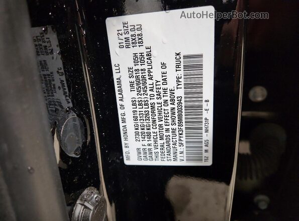 5FPYK3F89MB003943 2021 HONDA RIDGELINE Черный 