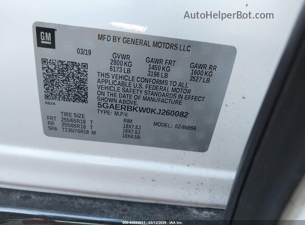 5GAERBKW0KJ260082 2019 BUICK ENCLAVE White 