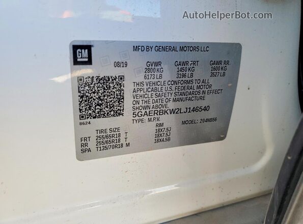 5GAERBKW2LJ146540 2020 BUICK ENCLAVE White VIN კოდის სტიკერის ხედი