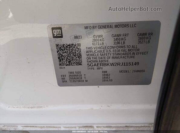 5GAERBKW2RJ115149 2024 BUICK ENCLAVE White ძრავის განყოფილების ხედი