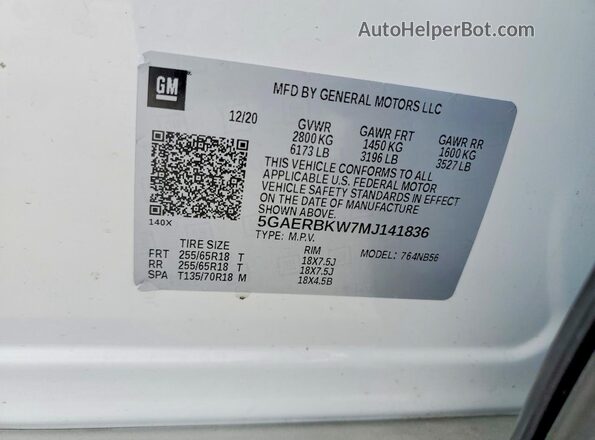 5GAERBKW7MJ141836 2021 BUICK ENCLAVE White VIN կոդի պիտակի տեսք