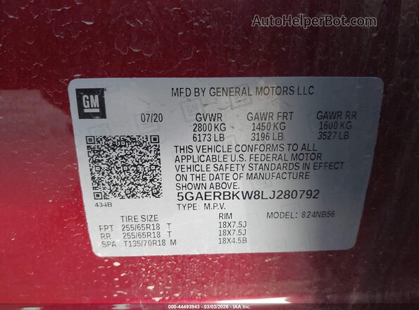 5GAERBKW8LJ280792 2020 BUICK ENCLAVE Red Widok komory silnika