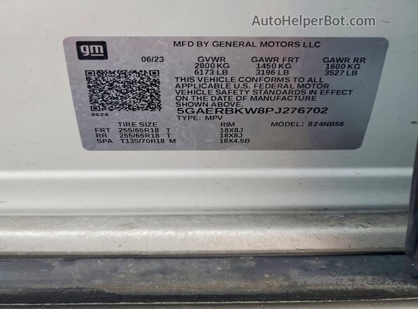 5GAERBKW8PJ276702 2023 BUICK ENCLAVE White VIN კოდის სტიკერის ხედი