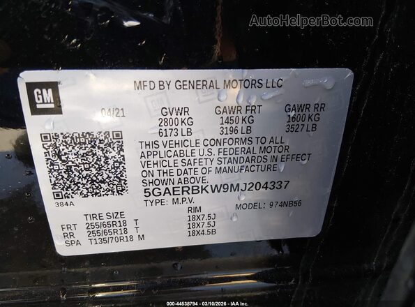 5GAERBKW9MJ204337 2021 BUICK ENCLAVE Black 