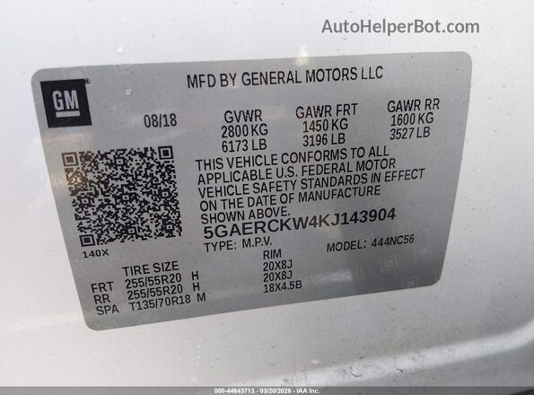 5GAERCKW4KJ143904 2019 BUICK ENCLAVE White Vista del compartimento del motor