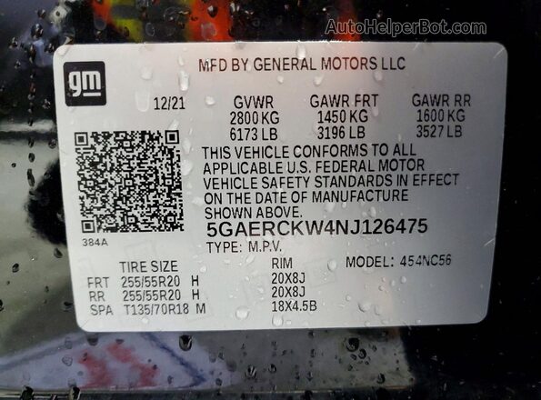 5GAERCKW4NJ126475 2022 BUICK ENCLAVE Черный 
