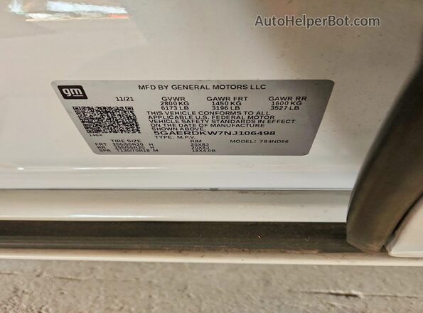5GAERDKW7NJ106498 2022 BUICK ENCLAVE White Vista interior de 360 grados