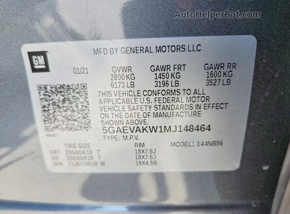 5GAEVAKW1MJ148464 2021 BUICK ENCLAVE Gray სალონის 360-გრადუსიანი ხედი