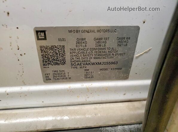 5GAEVAKWXMJ155963 2021 BUICK ENCLAVE Белый Панорамный вид салона 360°