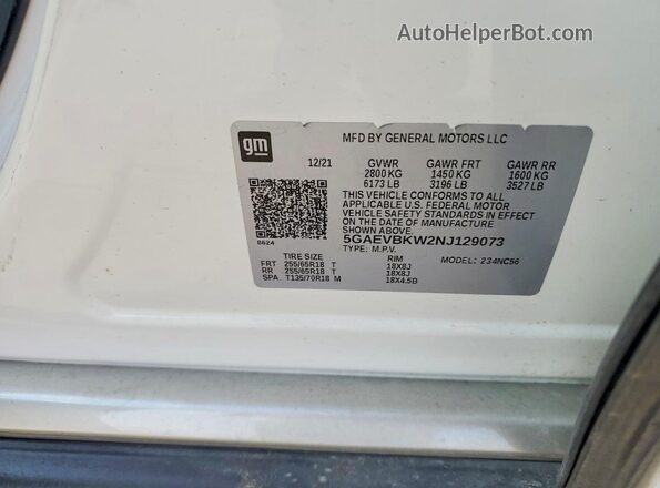 5GAEVBKW2NJ129073 2022 BUICK ENCLAVE White Vista de la etiqueta del VIN