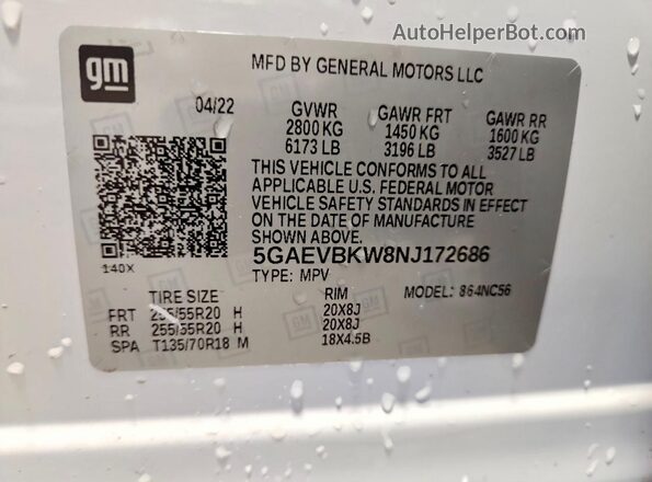 5GAEVBKW8NJ172686 2022 BUICK ENCLAVE White Vista de la etiqueta del VIN