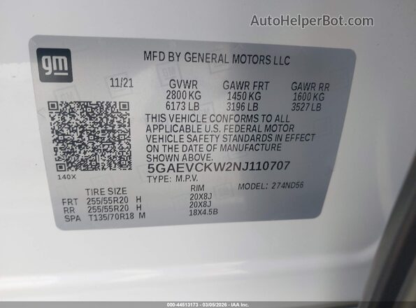 5GAEVCKW2NJ110707 2022 BUICK ENCLAVE Белый Вид подкапотного пространства