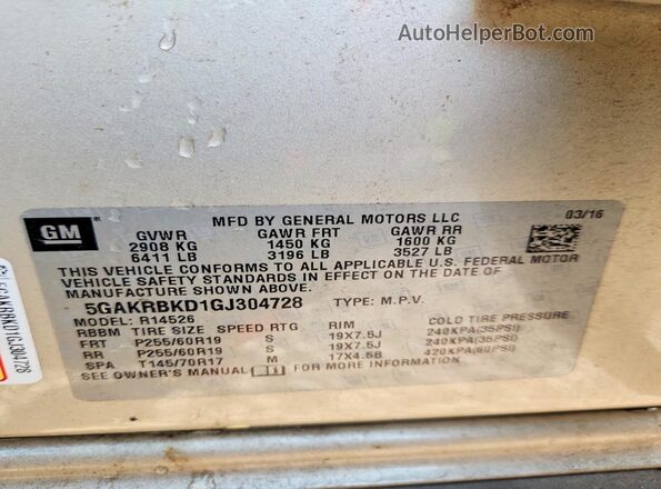 5GAKRBKD1GJ304728 2016 BUICK ENCLAVE Gold VIN კოდის სტიკერის ხედი