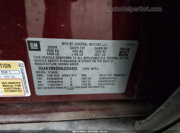 5GAKVBKD9HJ269403 2017 BUICK ENCLAVE Burgundy Вид підкапотного простору