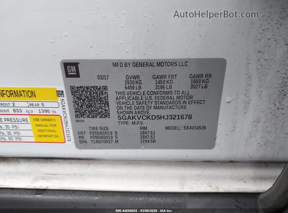5GAKVCKD5HJ321678 2017 BUICK ENCLAVE White Widok komory silnika