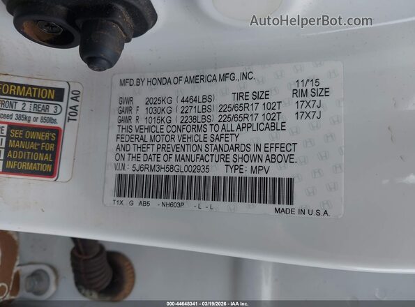 5J6RM3H58GL002935 2016 HONDA CR-V White Вид підкапотного простору