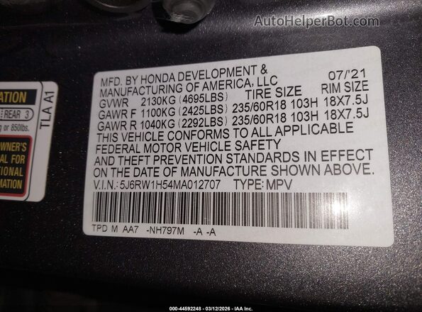 5J6RW1H54MA012707 2021 HONDA CR-V Gray 