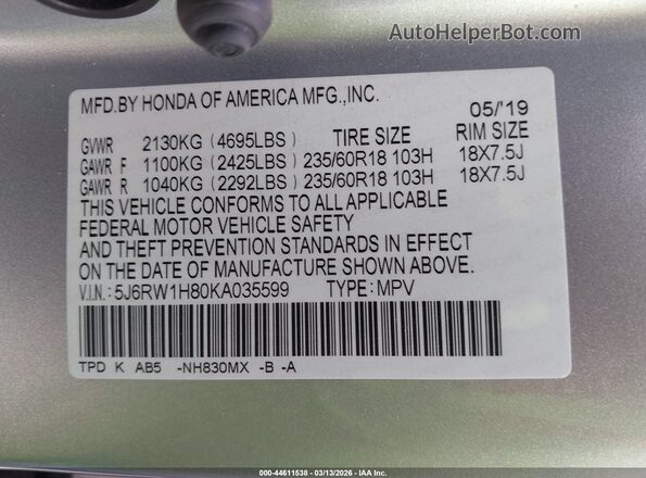 5J6RW1H80KA035599 2019 HONDA CR-V Silver Widok komory silnika