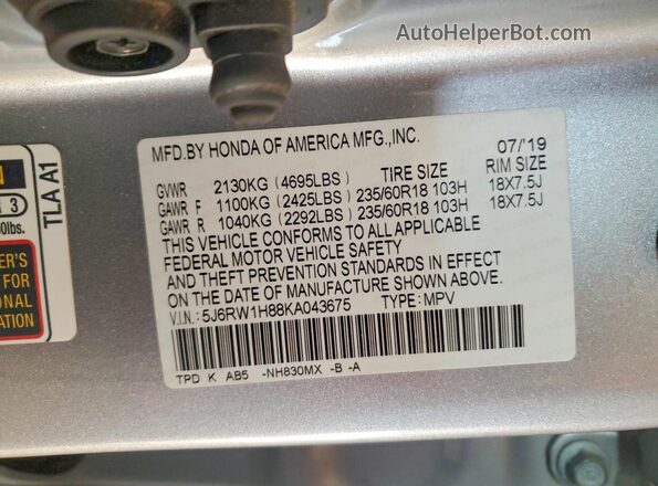 5J6RW1H88KA043675 2019 HONDA CR-V Silver 