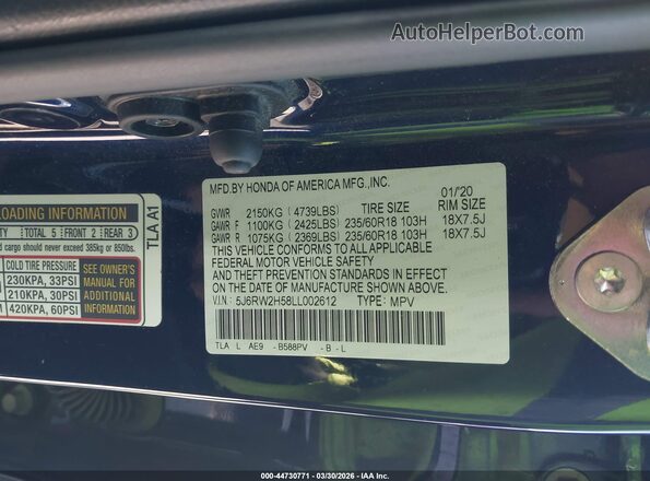 5J6RW2H58LL002612 2020 HONDA CR-V Blue Vista del compartimento del motor