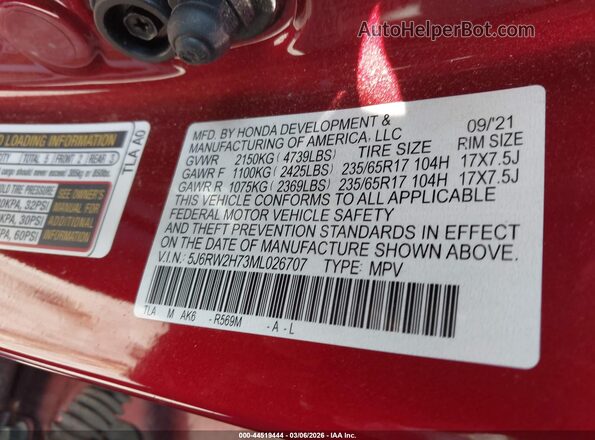 5J6RW2H73ML026707 2021 HONDA CR-V Red ძრავის განყოფილების ხედი