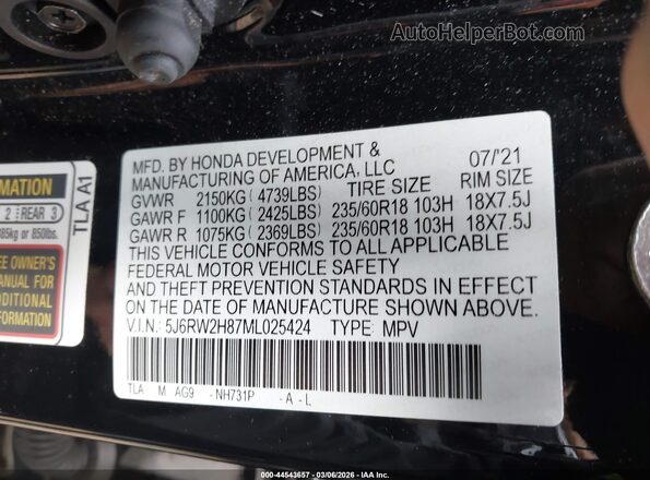 5J6RW2H87ML025424 2021 HONDA CR-V Black Engine compartment view