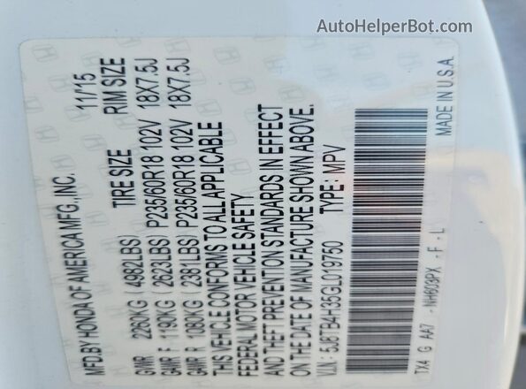 5J8TB4H35GL019750 2016 ACURA RDX White 