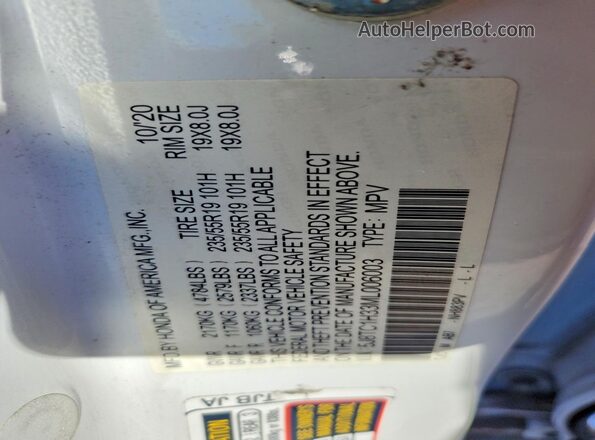 5J8TC1H33ML006003 2021 ACURA RDX White Вид наклейки з VIN-кодом