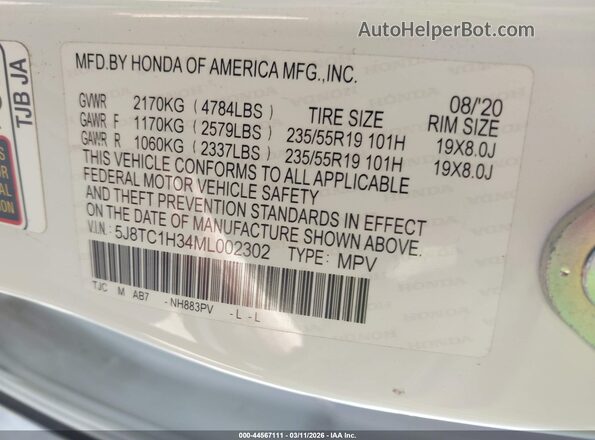 5J8TC1H34ML002302 2021 ACURA RDX White Вид підкапотного простору