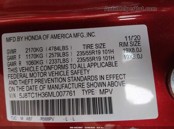 5J8TC1H36ML007761 2021 ACURA RDX Red 