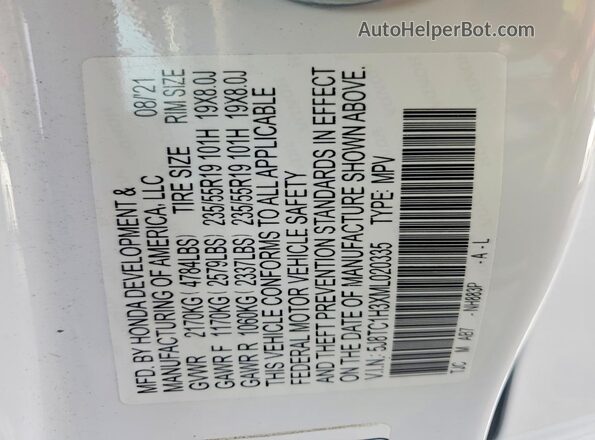 5J8TC1H3XML020335 2021 ACURA RDX White ძრავის განყოფილების ხედი