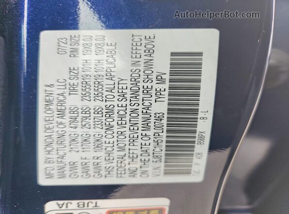 5J8TC1H51PL007463 2023 ACURA RDX Blue VIN կոդի պիտակի տեսք
