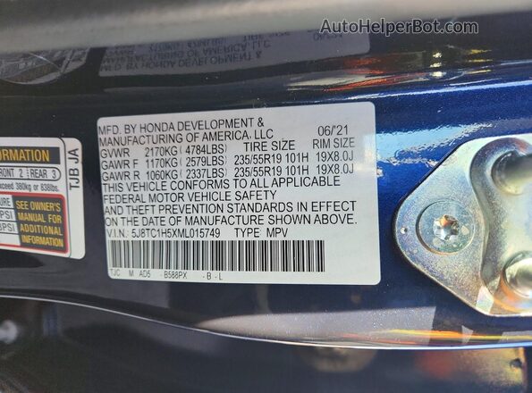 5J8TC1H5XML015749 2021 ACURA RDX Blue Панорамний вид салону 360°
