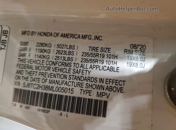 5J8TC2H38ML005015 2021 ACURA RDX White Вид наклейки з VIN-кодом