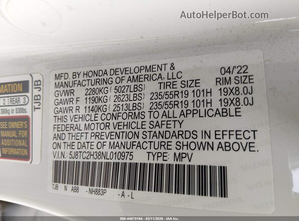 5J8TC2H38NL010975 2022 ACURA RDX White Widok komory silnika