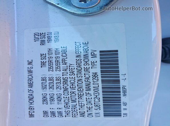 5J8TC2H3XML012984 2021 ACURA RDX White VIN sticker view